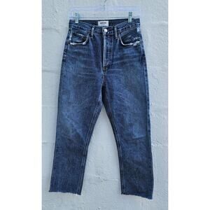 AGOLDE Riley Jeans 25 Medium‎ Wash Button Fly Straight Leg High Rise Frayed Hem